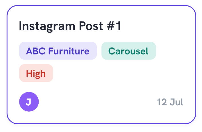 Card: Instagram Post #1 — ABC Furniture, Carousel, High priority, due 12 Jul